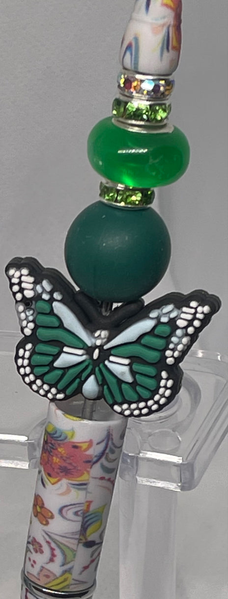 Elegant yellow and blue sunflower and Green Floral Butterfly beaded pen for a nature-inspired touch