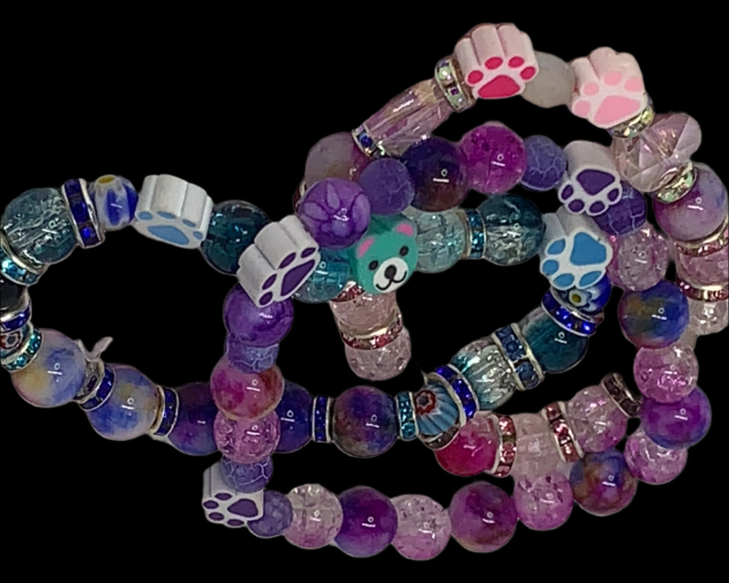 CRYSTAL PAW GEM STONE BRACELET WITH BEAUTIFUL COLORS PURPLE, PINK AND BLUES