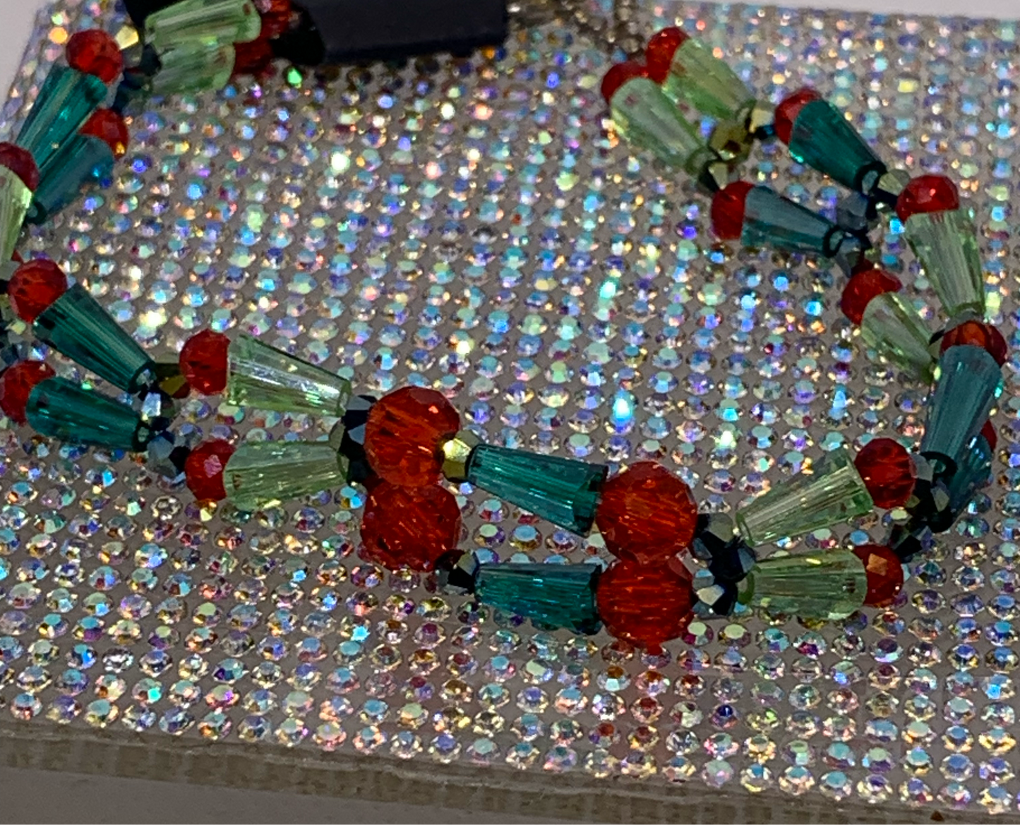 Dazzling Handcrafted Crystal Bracelet – Unique piece~Red, Green & Teal Beadwork for Elegant Style