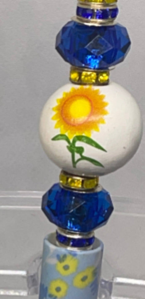 Elegant yellow and blue sunflower and Green Floral Butterfly beaded pen for a nature-inspired touch