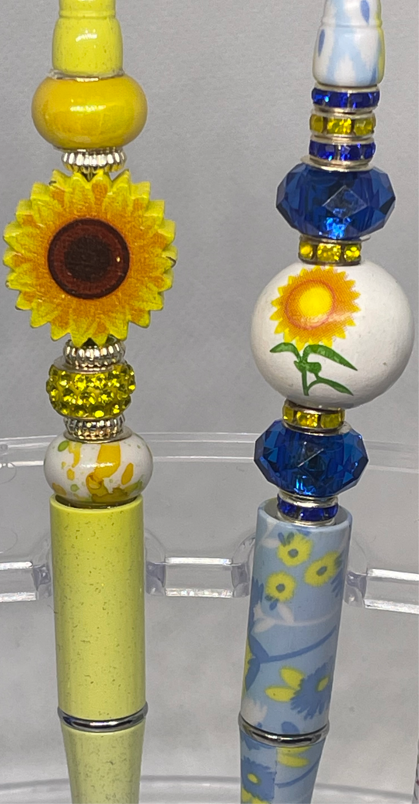 Elegant yellow and blue sunflower and Green Floral Butterfly beaded pen for a nature-inspired touch