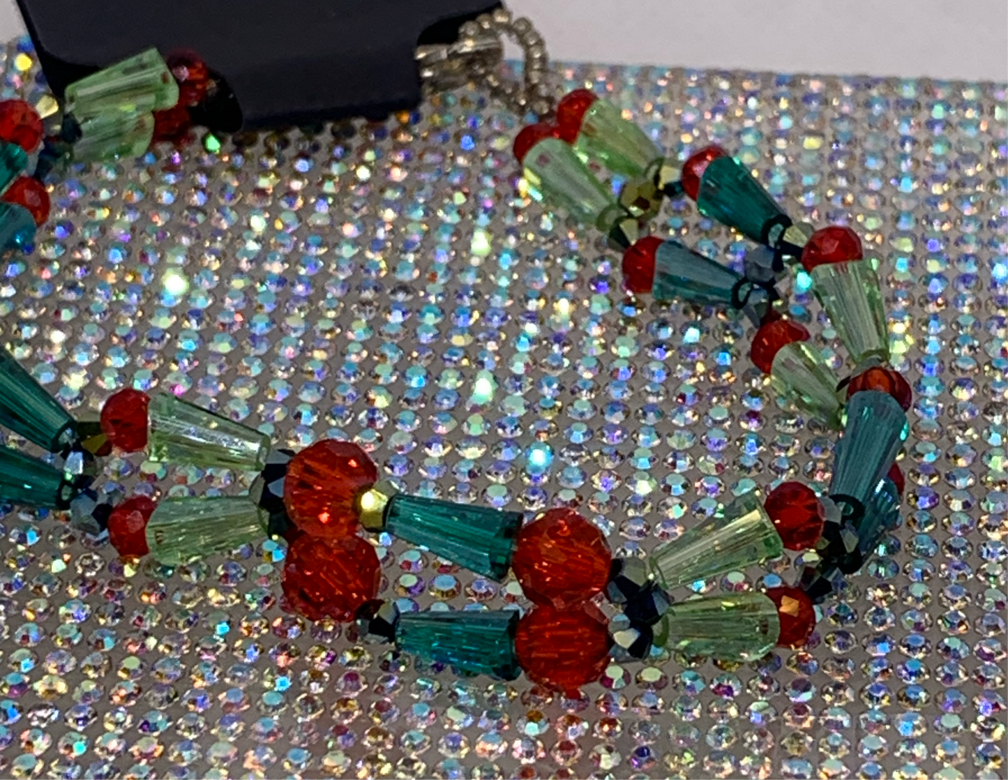 Dazzling Handcrafted Crystal Bracelet – Unique piece~Red, Green & Teal Beadwork for Elegant Style