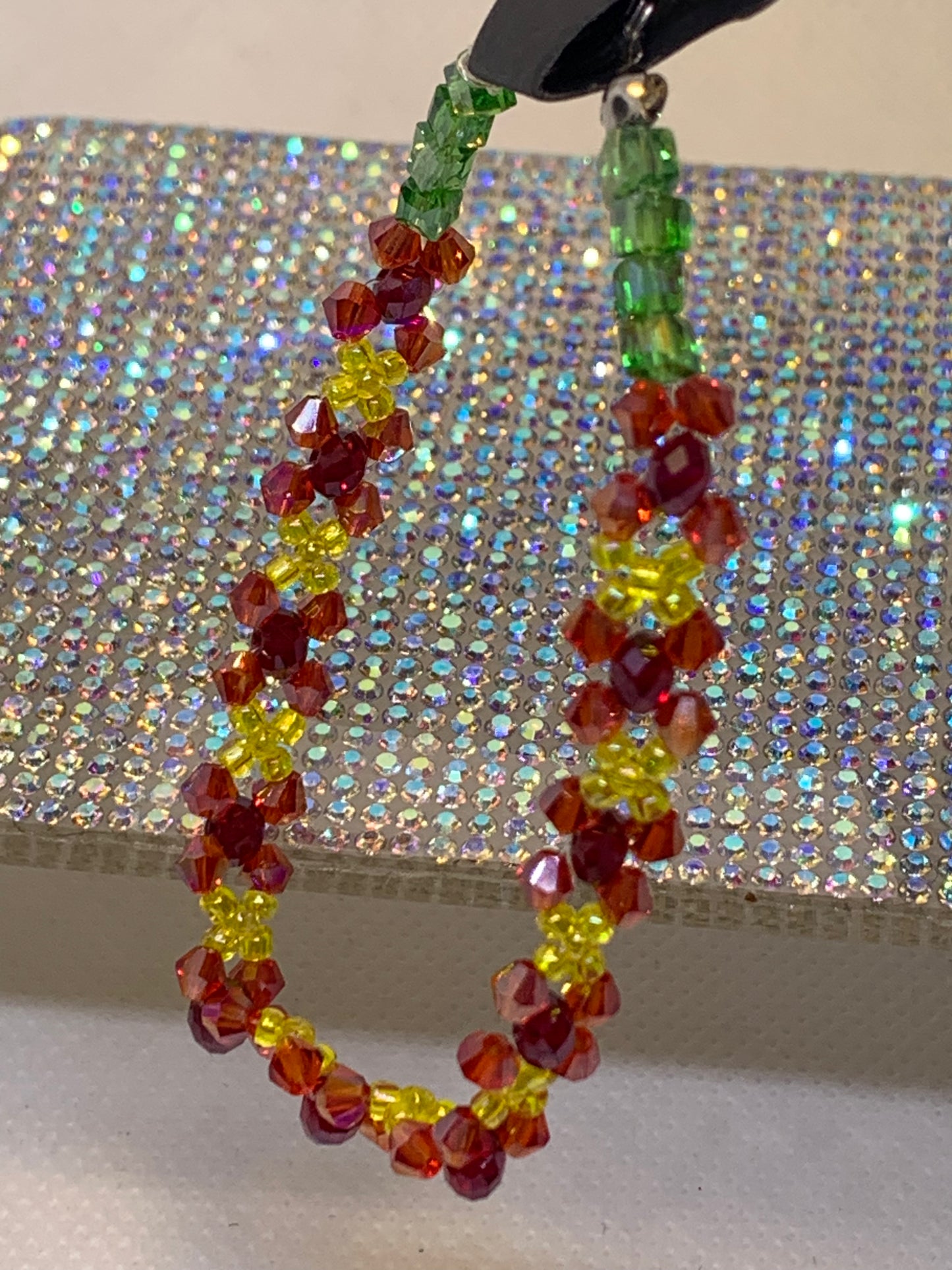 Vibrant Handcrafted Crystal Bracelet – Yellow, Red & Green Floral-Inspired Bead Design