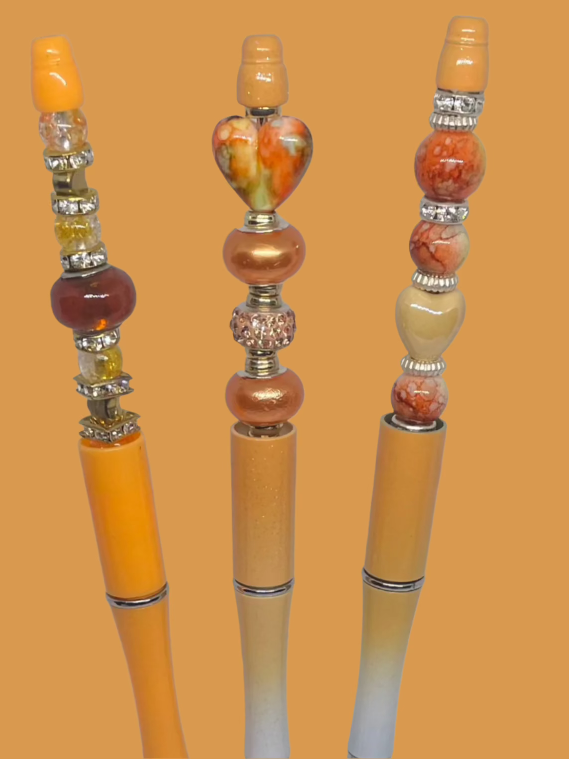 Autumn Orange Beaded Blinging Pens-Heart with Australian Crystal Beads and different orange colored Gems and Beads 