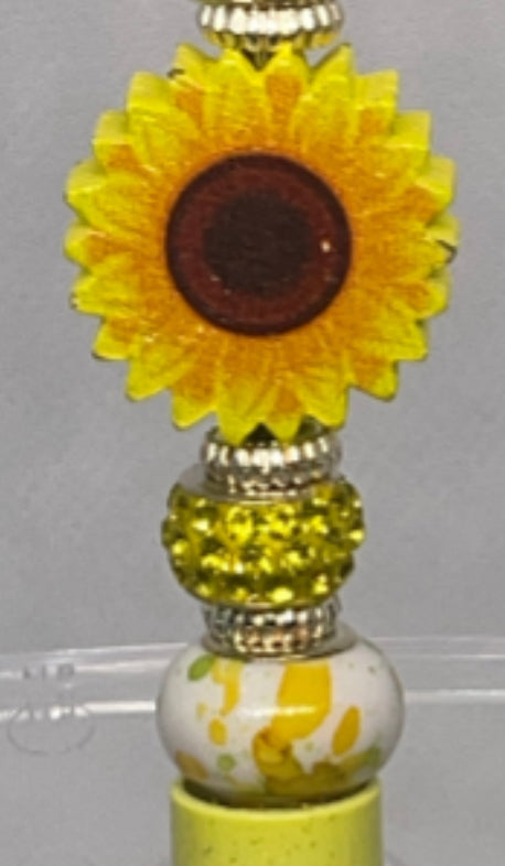 Elegant yellow and blue sunflower and Green Floral Butterfly beaded pen for a nature-inspired touch