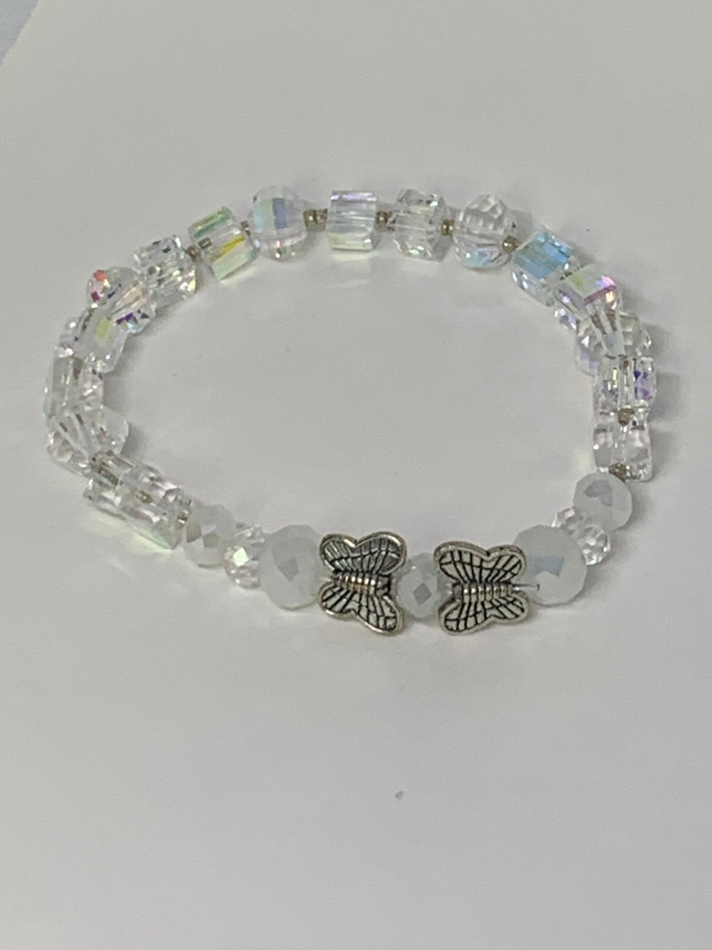   clear crystal bride bracelet with pearl white round beads silver butter fly's