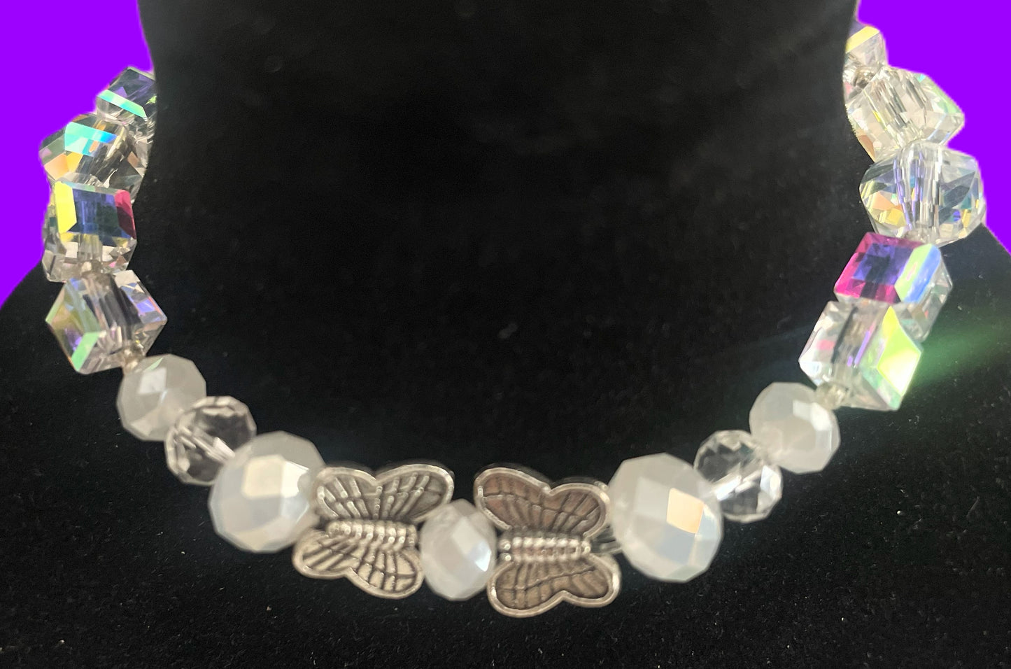   clear crystal bride bracelet with pearl white round beads silver butter fly's