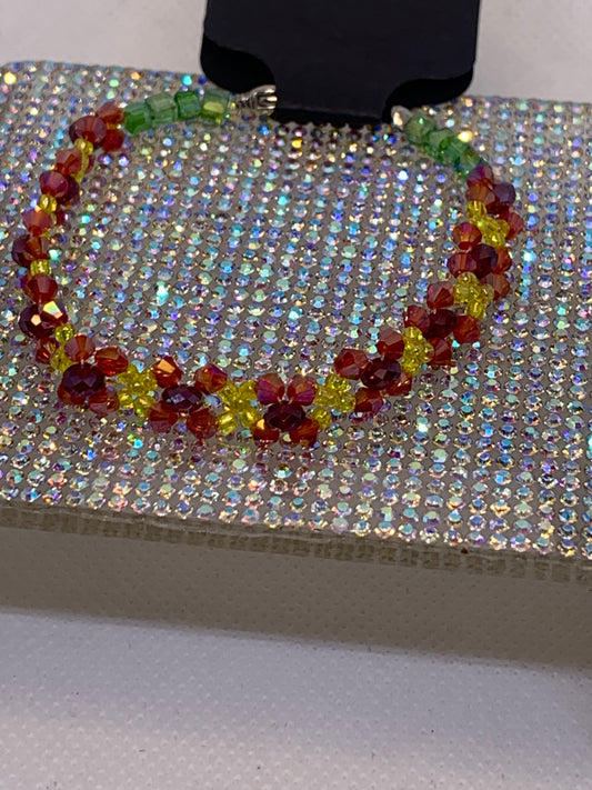 Vibrant Handcrafted Crystal Bracelet – Yellow, Red & Green Floral-Inspired Bead Design