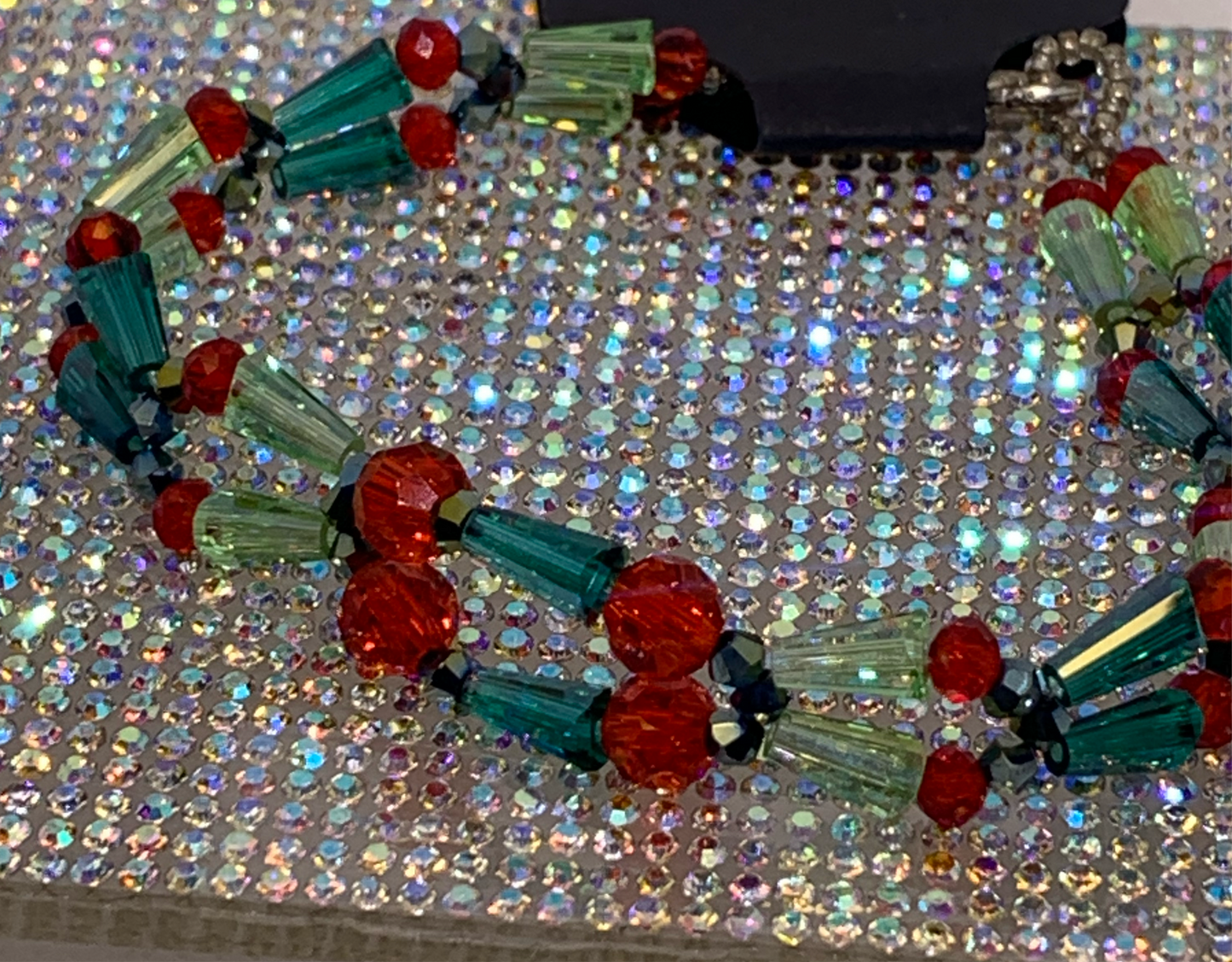 Dazzling Handcrafted Crystal Bracelet – Unique piece~Red, Green & Teal Beadwork for Elegant Style