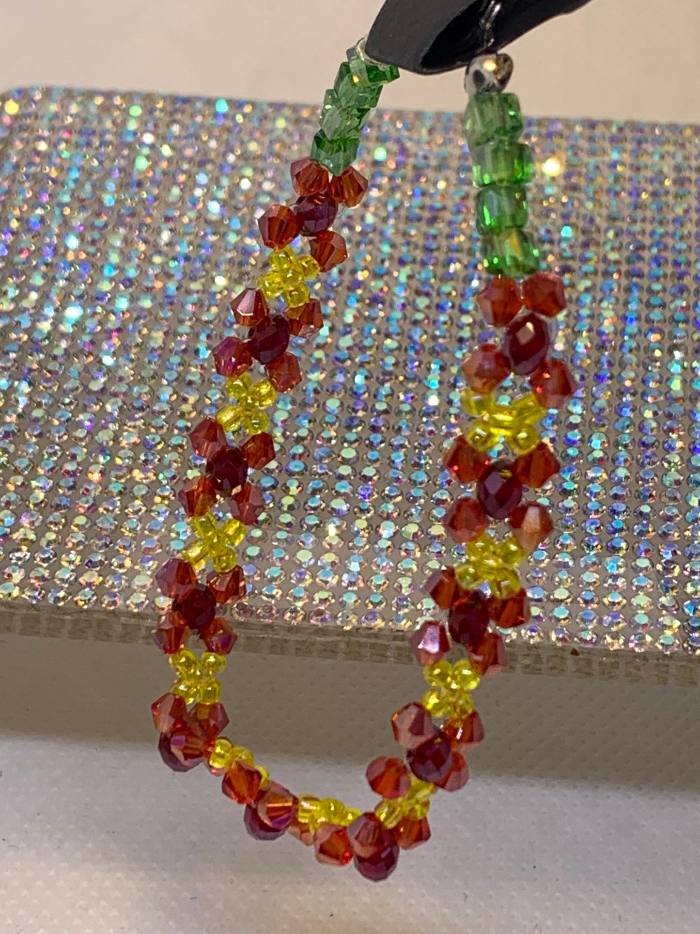 Vibrant Handcrafted Crystal Bracelet – Yellow, Red & Green Floral-Inspired Bead Design