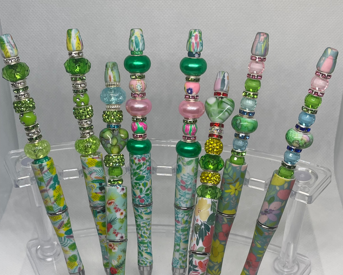  Shiny Green and Pink Chunky Beads green and Blue floral pattern and Pink, Green, Blue spacers with chunky green Bead, multiple Green floral options with lots of bling and sparkles
