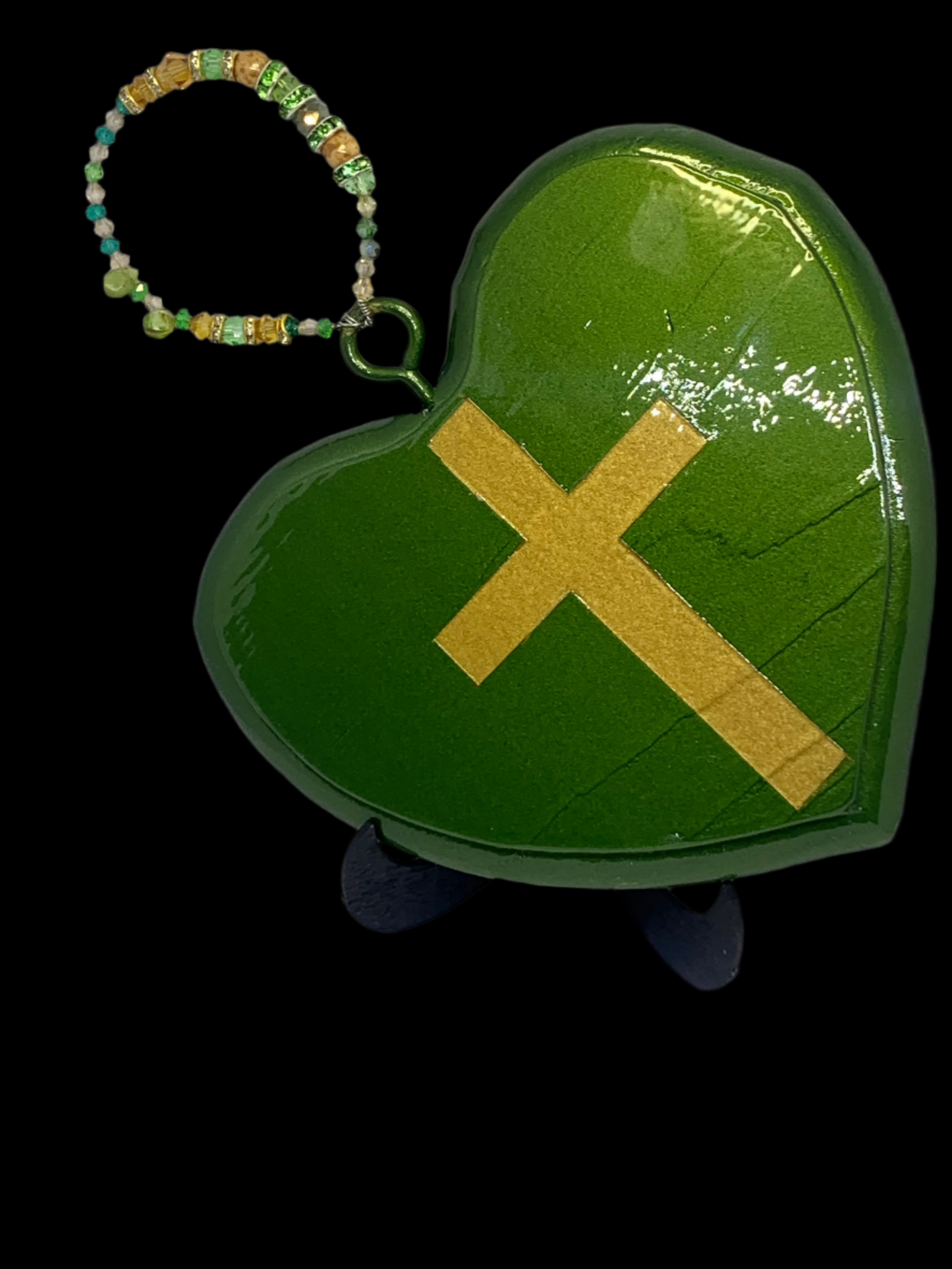 Front Gold Cross Carved Heart Army Green