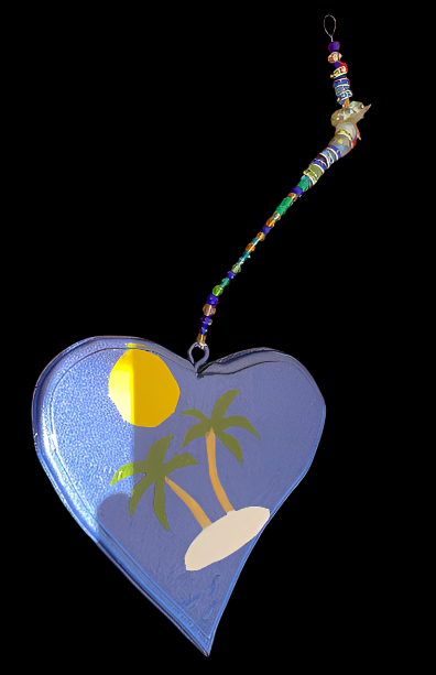 HAND CARVED HEART FROM OAK WOOD PAINTED AND CLEAR COATED  EACH HAND PICKED CRYSTAL BEADS FOR HANGER 