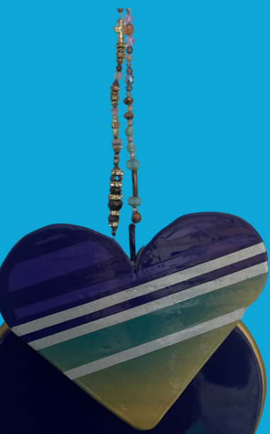 HAND CARVED HEART FROM OAK WOOD PAINTED AND CLEAR COATED  EACH HAND PICKED CRYSTAL BEADS FOR HANGER 