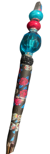 Turquoise Jumbo Bead Pen, floral print red and Black