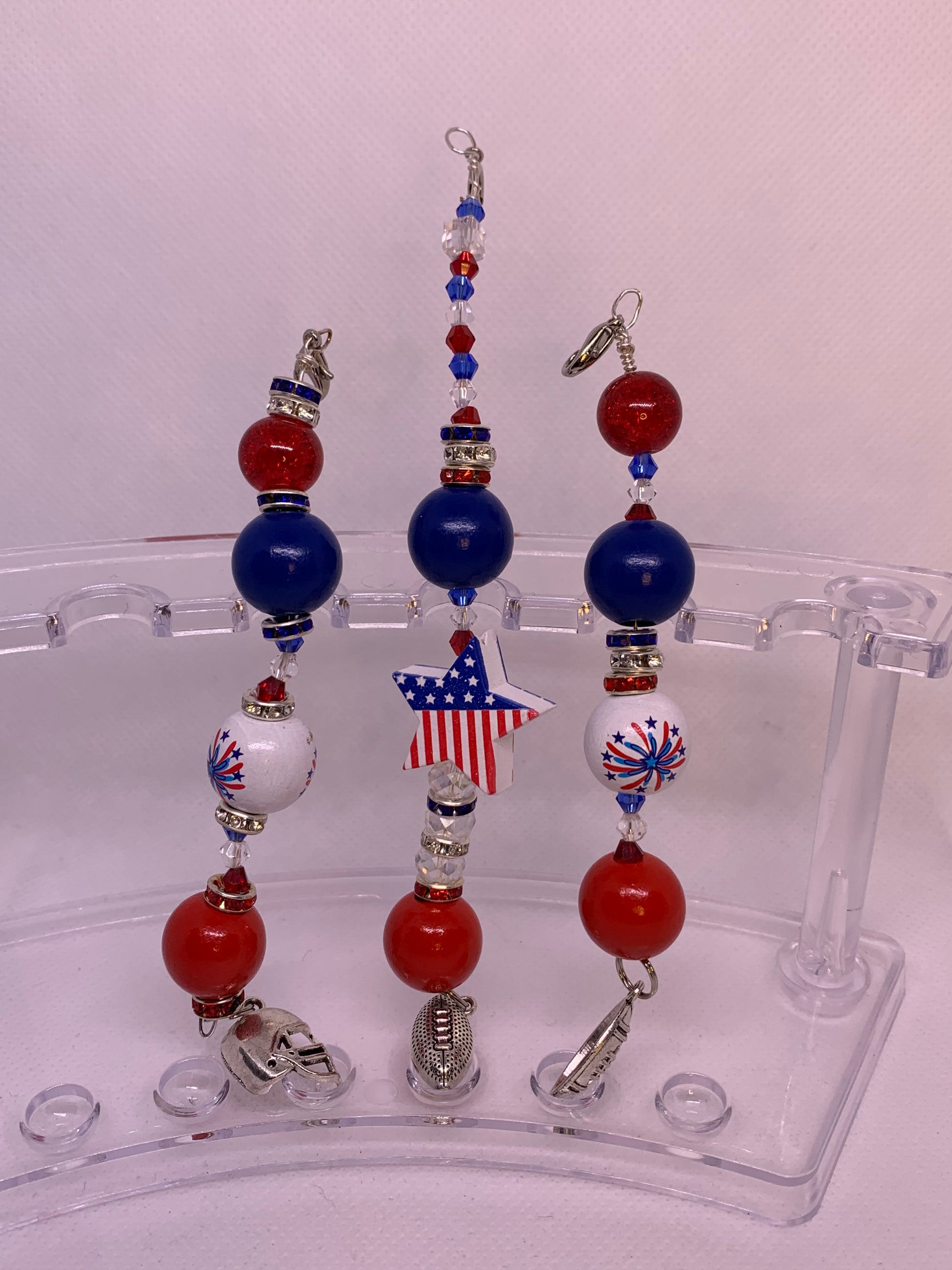 Red, white and Blue beaded purse charms, car Charms, or keychain charms 