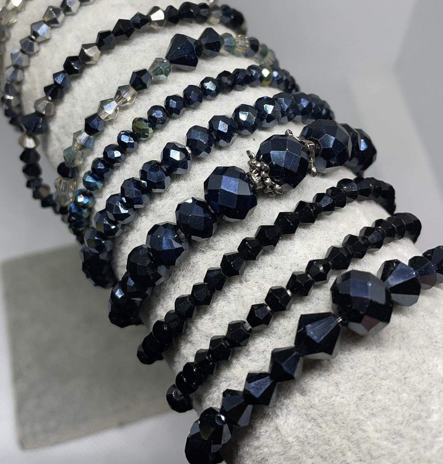 Elegant Black & Silver Beaded Stretchy Crystal Bracelet - Candi’s Creations