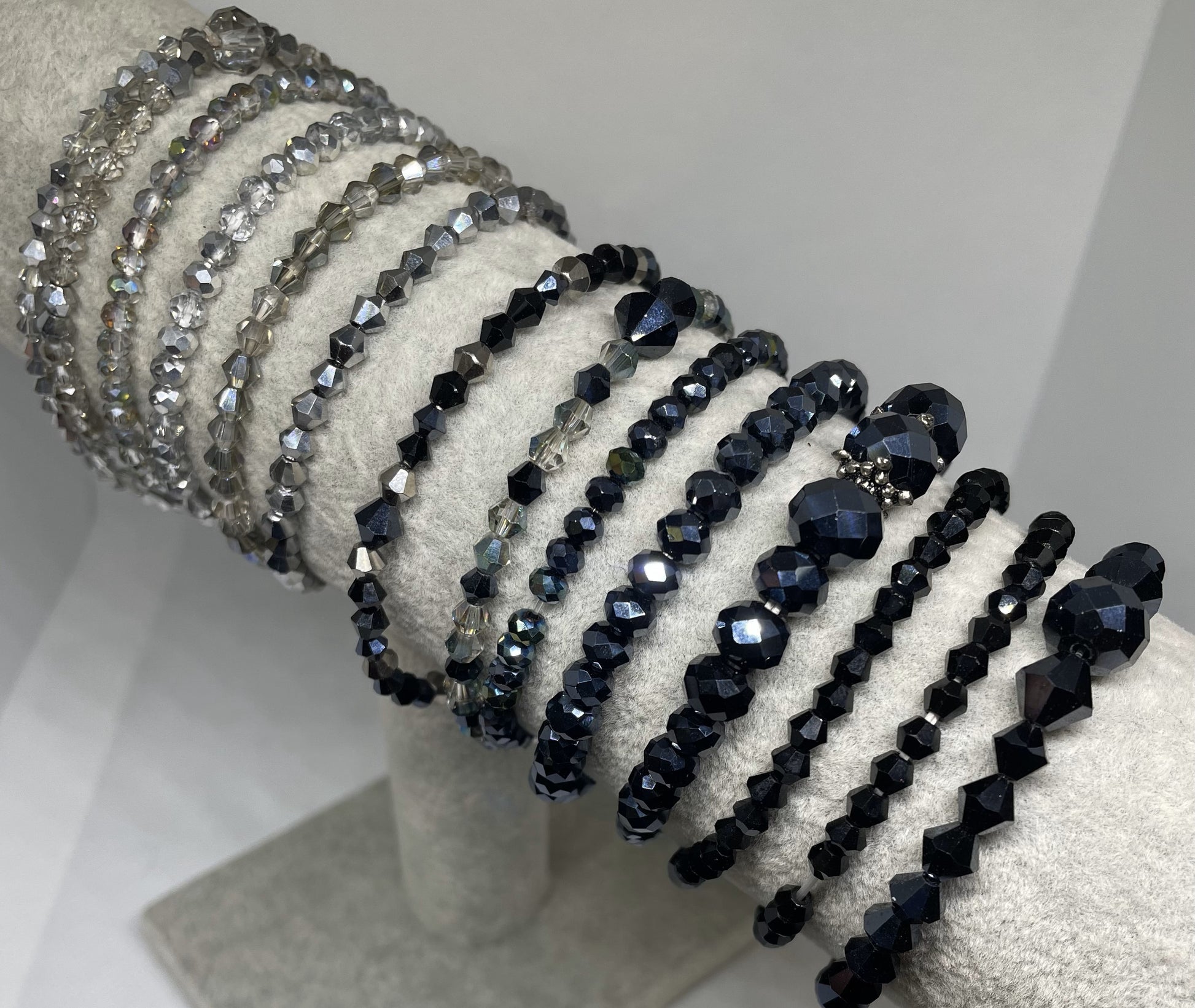 Elegant Black & Silver Beaded Stretchy Crystal Bracelet - Candi’s Creations